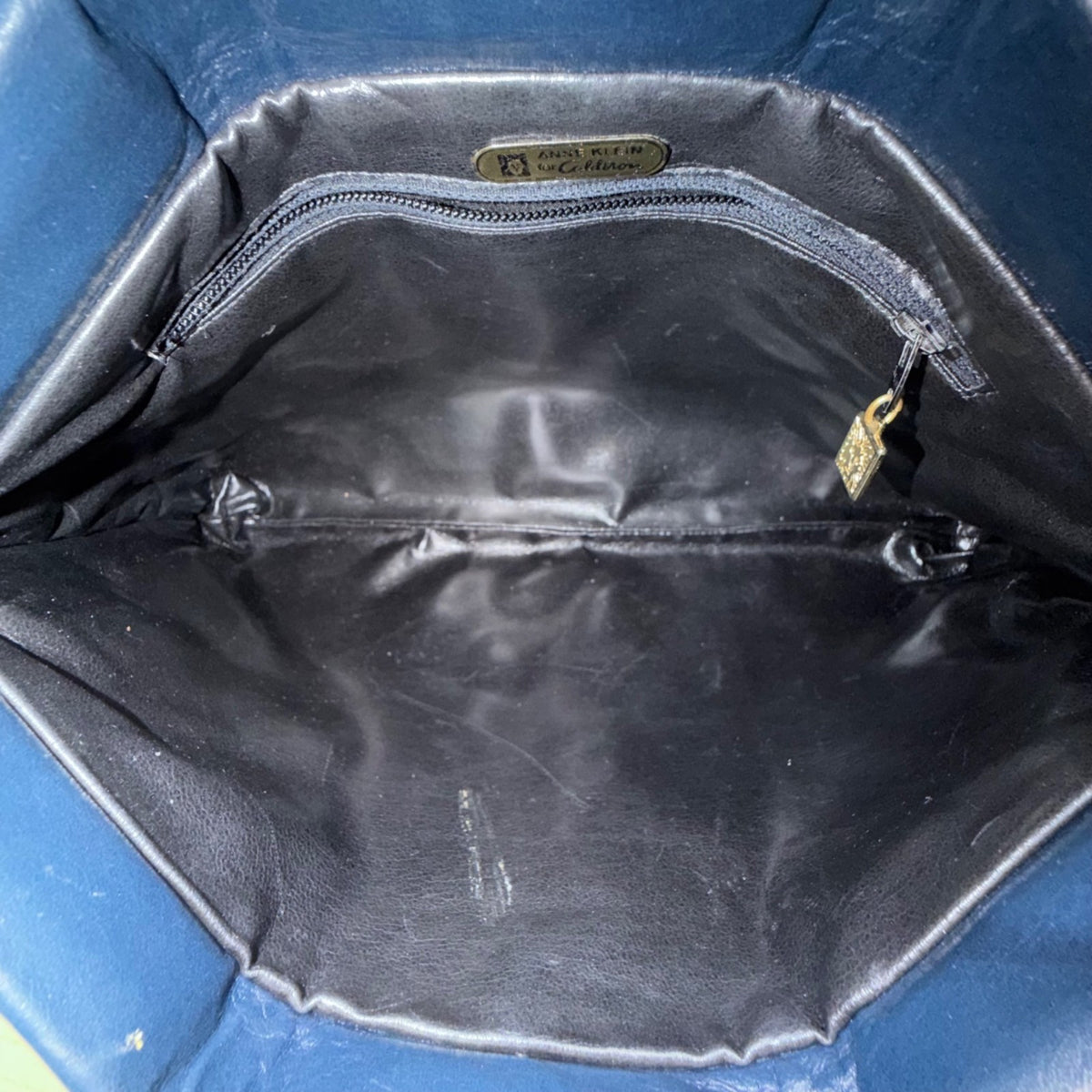 Anne Klein Women’s Dark Blue Leather Soft Woven Detail Logo Tag Shoulder Bag