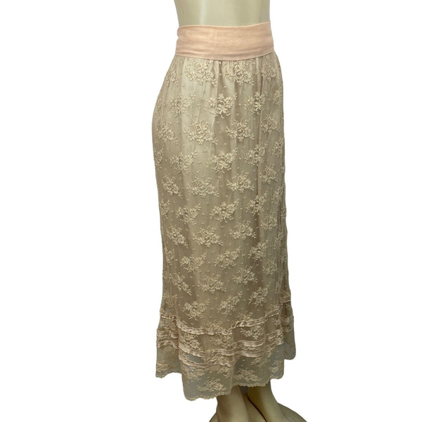 Soft Surroundings Women's Beige With Pink Lace Ribbon Long Skirt Sz M