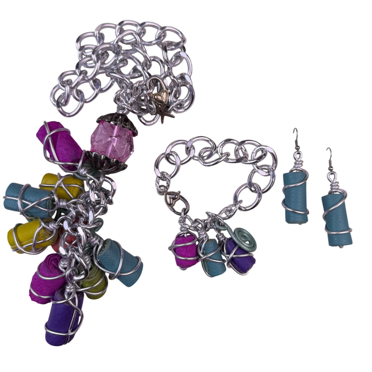 Handcrafted Womens Multi-Color Leather & Metal Necklace Bracelet Earring Set