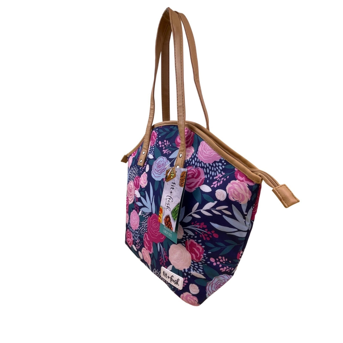 Fit + Fresh Women’s Navy Blue Floral Insulated Lunch Tote With Dual Tan Handles