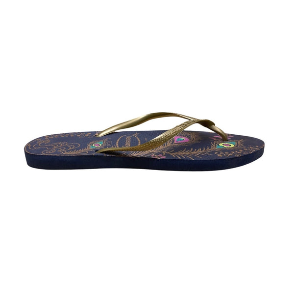 Havaianas Women’s Navy & Gold Peafowl Feather Print Slim Flip Flops Size 9US