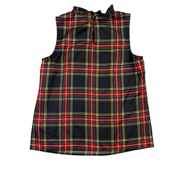 J.Crew Women’s Plaid Ruffle Neck Sleeveless Top Black/Red Lightweight Sz XS