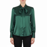 LilySilk Womens Green Mulberry Silk Bow-Tie Blouse Satin Button Cuffs Sz M