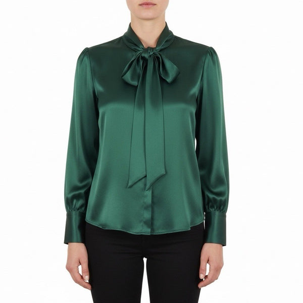 LilySilk Womens Green Mulberry Silk Bow-Tie Blouse Satin Button Cuffs Sz M