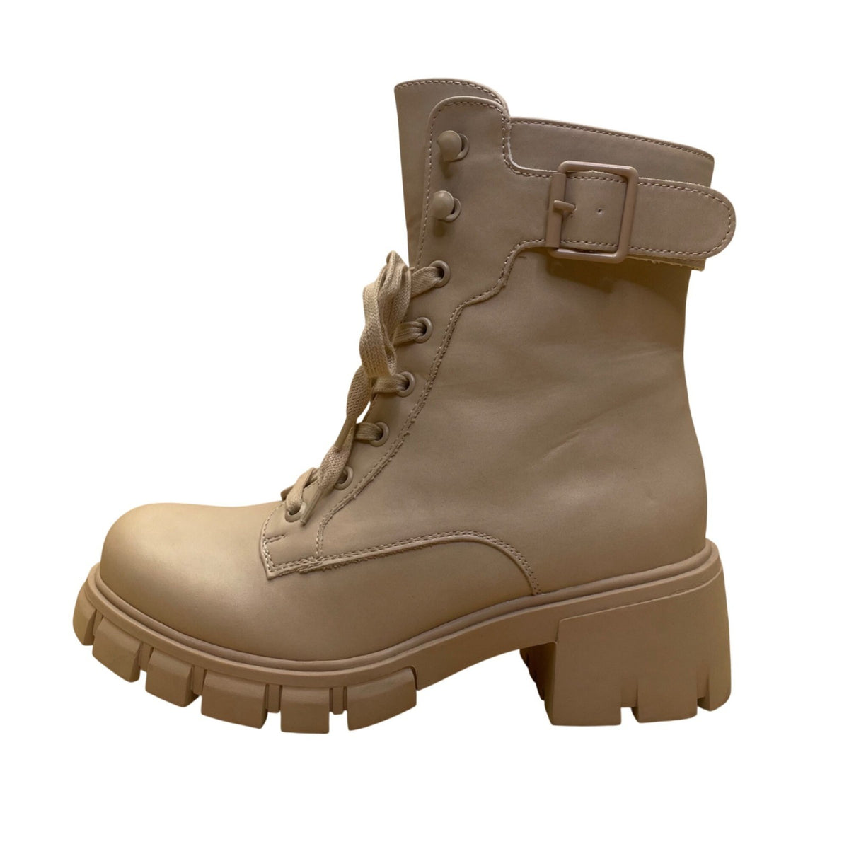 Mia Women’s Beige Side Zipper Chunky Lug Sole Mid-Calf Combat Boots Size 7.5M