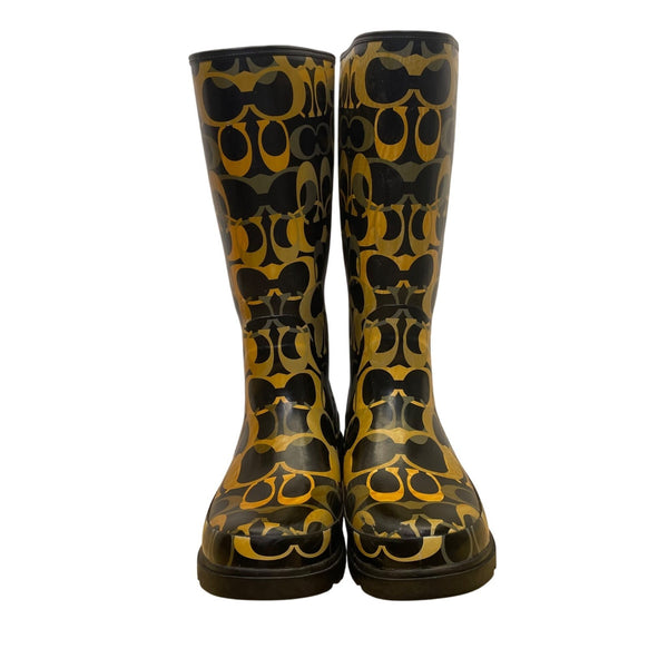 Coach Womens Black & Yellow Rubber Patterned Paisley Rain Boots Size 8M
