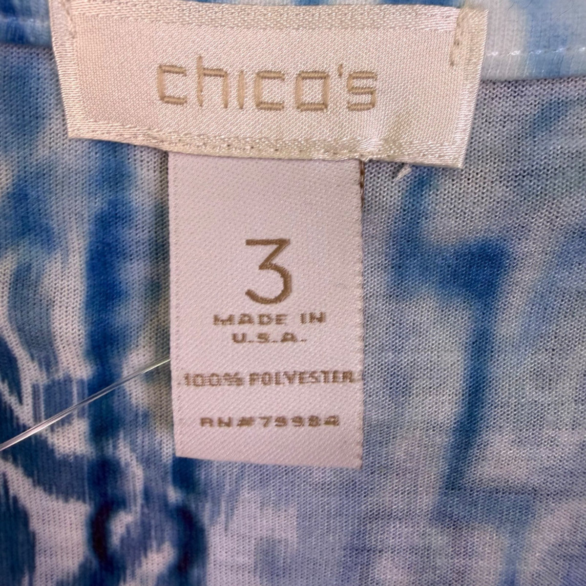 Chicos Womens Blue Ikat Print 3/4 Sleeve Top With Rhinestone Detail  Size 3
