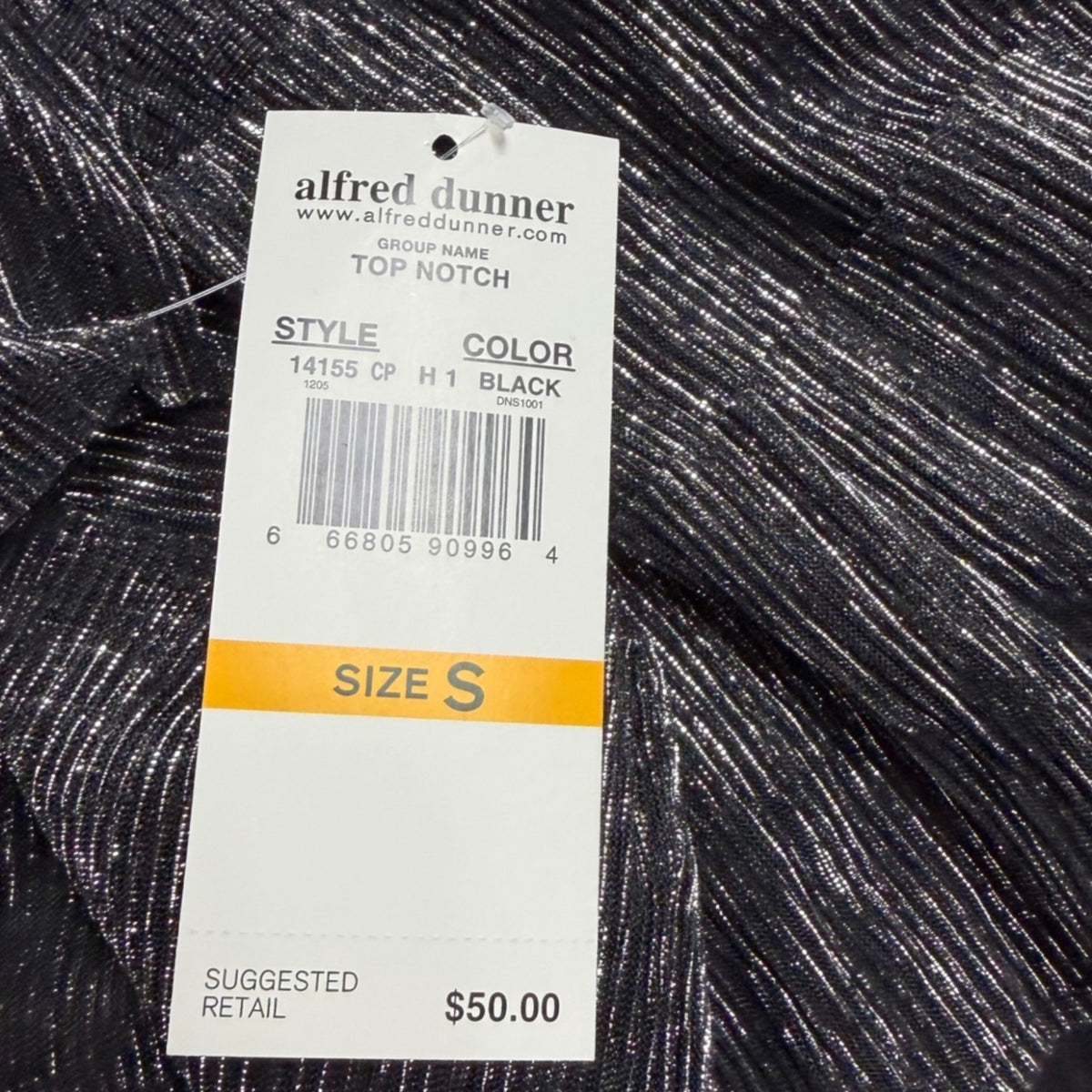 Alfred Dunner Womens Black Top Shimmering Textured Short Sleeve Shirt Size S