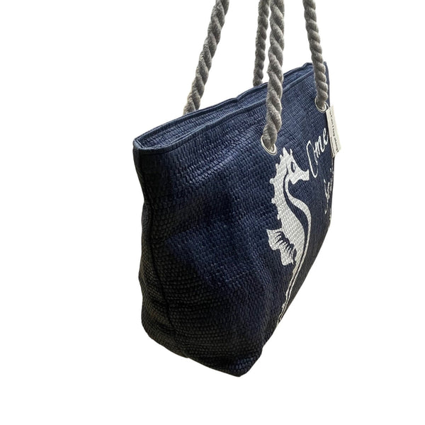 Southwest Rope Handle Navy Come Sail Away Seahorse Print Beach Tote Bag