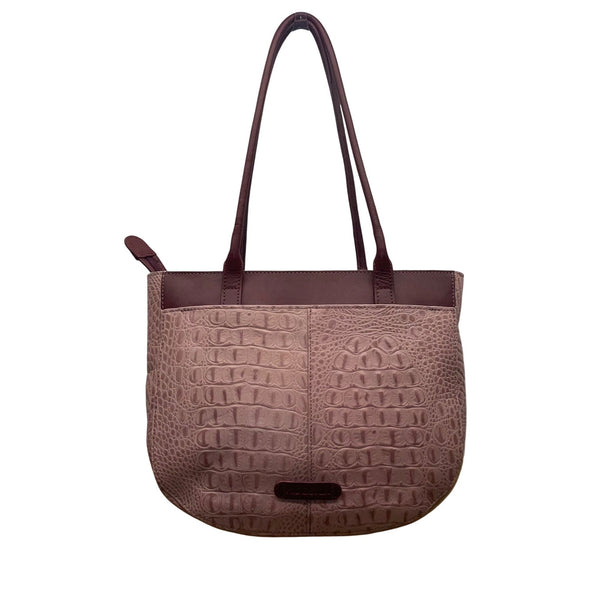 Hidesign Women’s Burgundy Leather Croc-Embossed Gold Detail Dual Straps Tote Bag