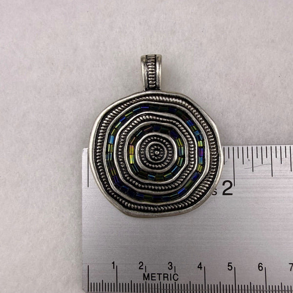Silver Tone Magnetic Reversible Pendant Jewelry Multi-Color Glass Bead Circular