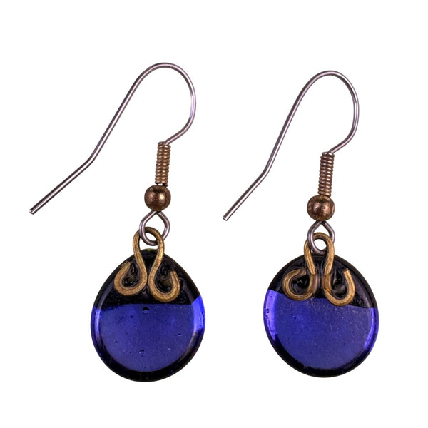 Womens Cobalt Blue Glass Earrings With Gold Tone Accents Abstract Design 