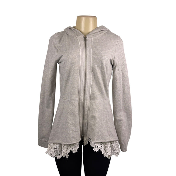 LoveAndliberTy Womens Gray Cotton/Spandex Lace Trim Hooded Zip-Up Sweater Size S