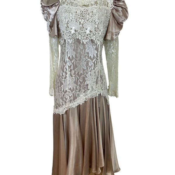 Vintage Cachet Women’s Beige & Ivory Lace Satin Puff Sleeve Midi Dress