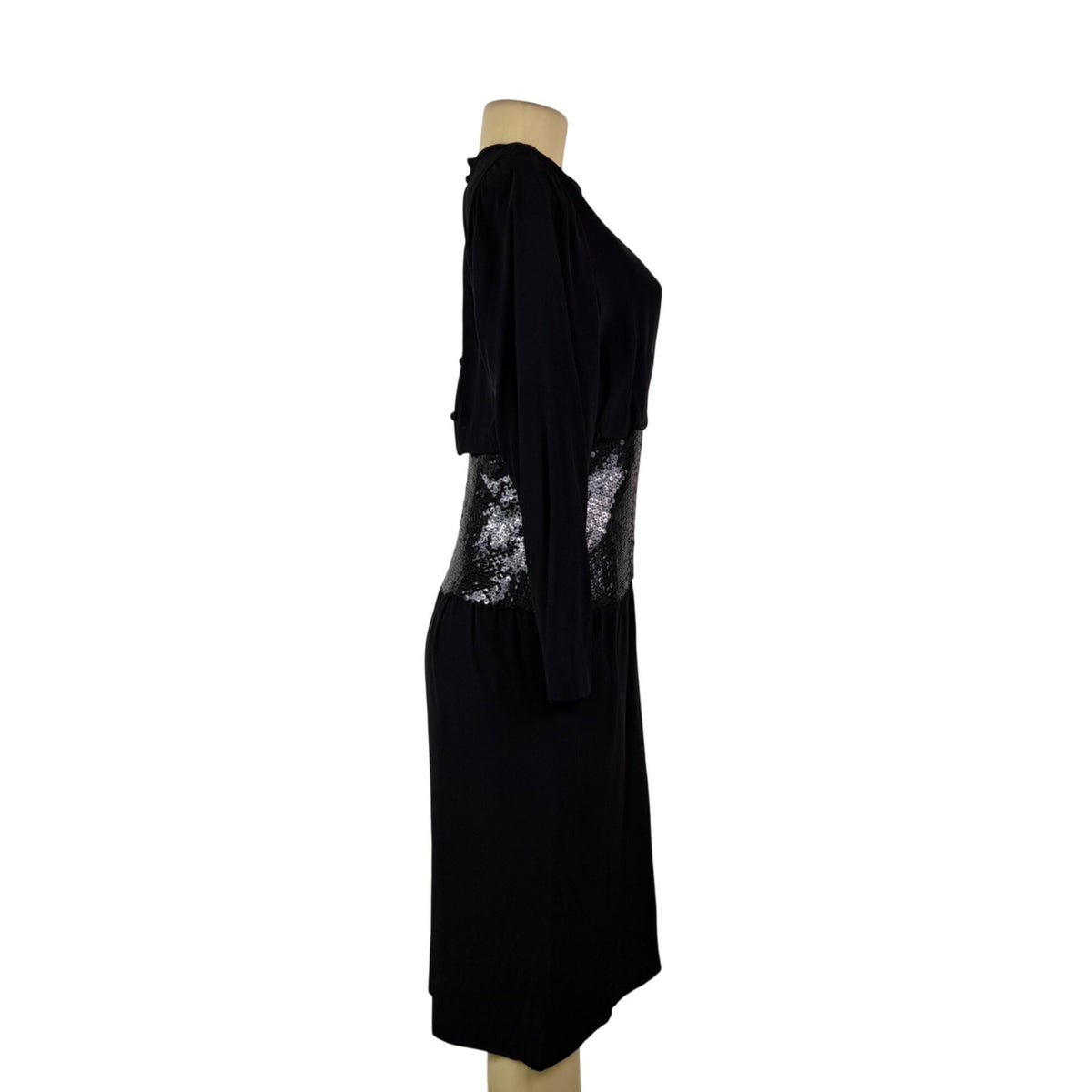 Vintage Mignon Womens Black Sequin Cinched Waist Long Sleeve Dress M