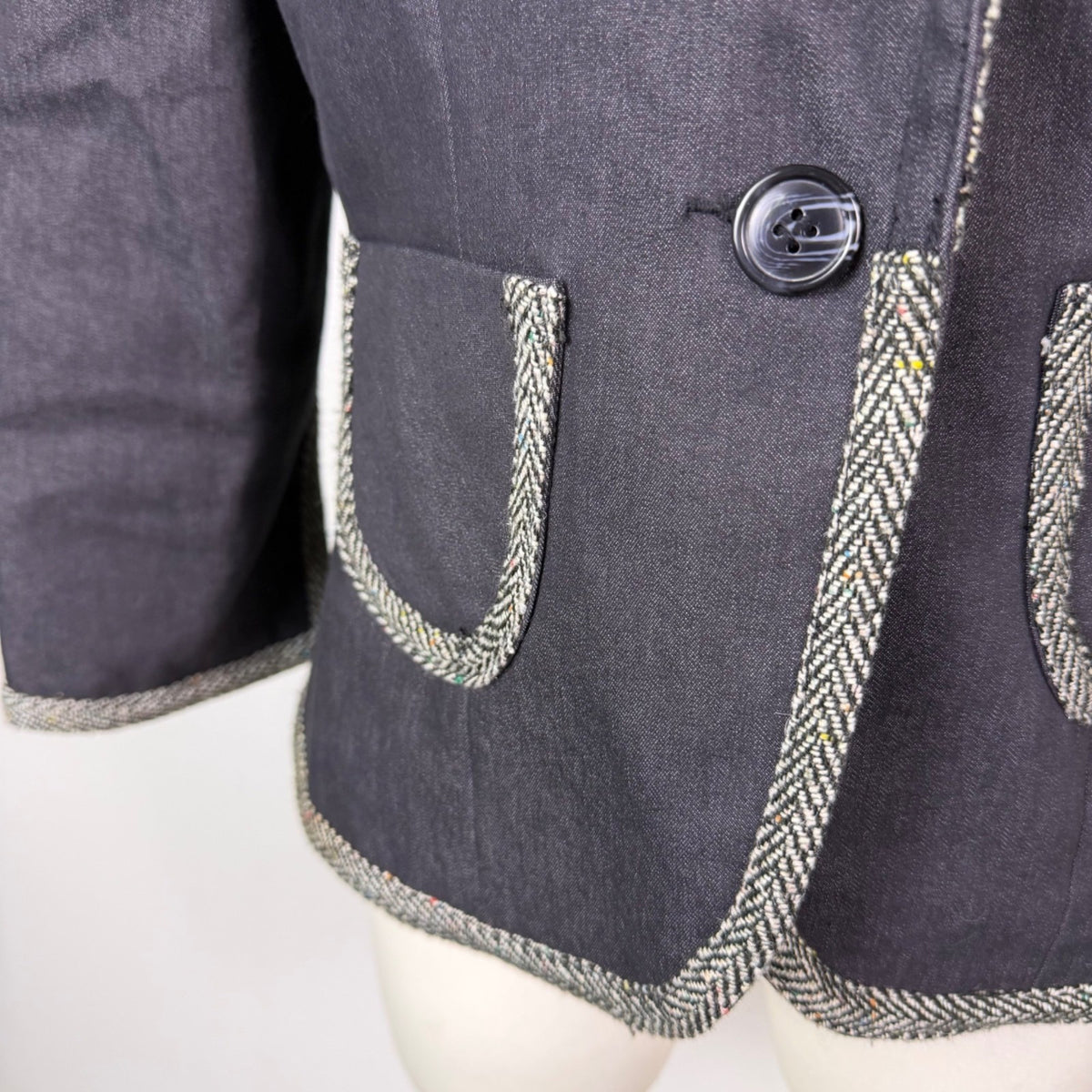 Donna Rae Womens Black Cotton Blend Jacket Textured Trim Single Button Size 10