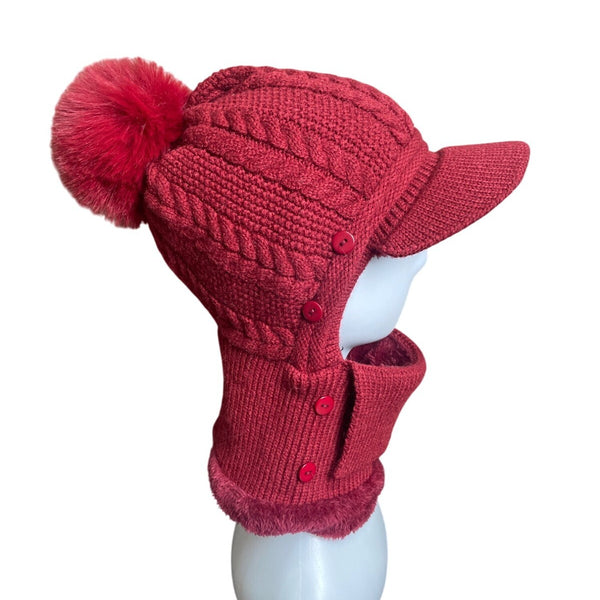 Unbranded Knitted Red With Pom Pom & Neck Warmer Winter Cap
