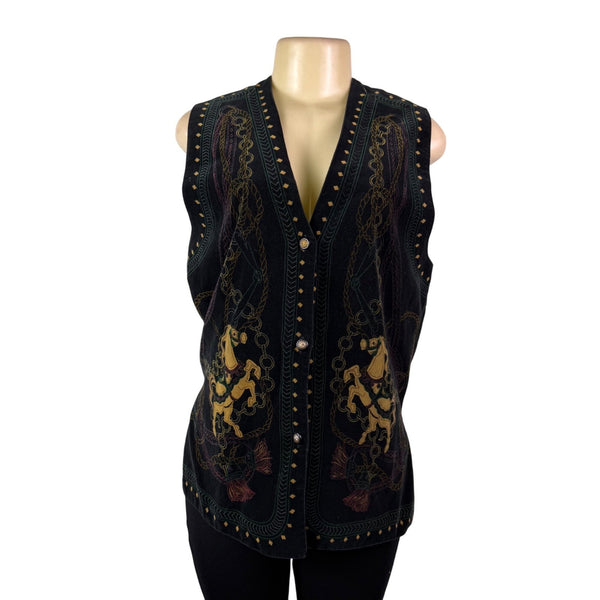 Rose Fashion Womens Black Embroidered Sleeveless Vest Chain Horse Design Sz M
