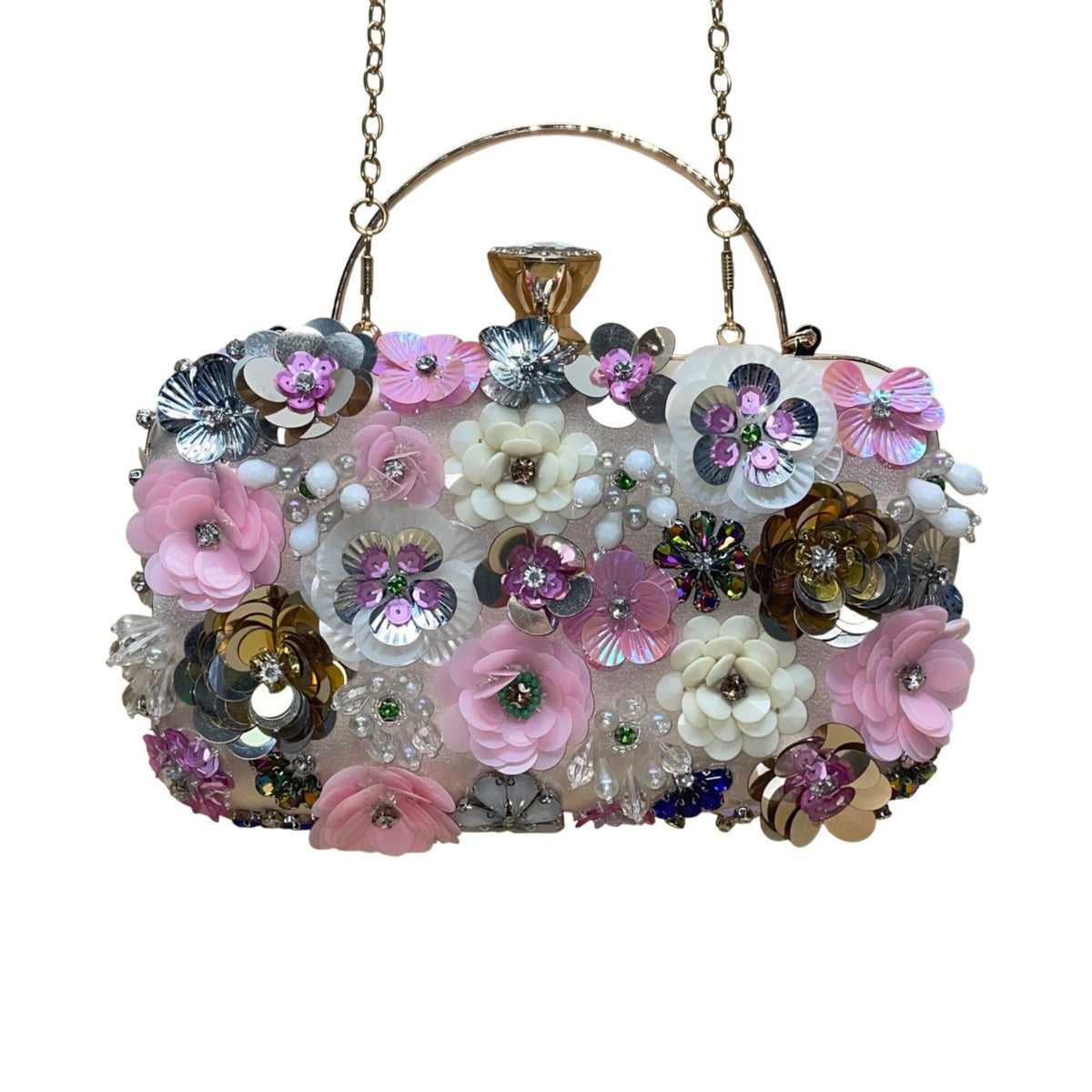 Women’s Pink Floral Embellishment With Chain Strap & Handle Clutch Purse