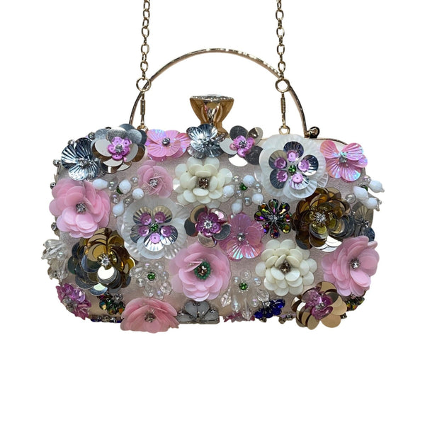 Women’s Pink Floral Embellishment With Chain Strap & Handle Clutch Purse