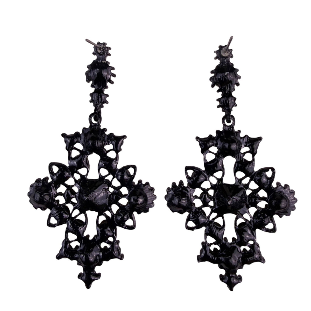 Black Filigree Womens Metal Drop Earrings Rhinestone Embellished Statement