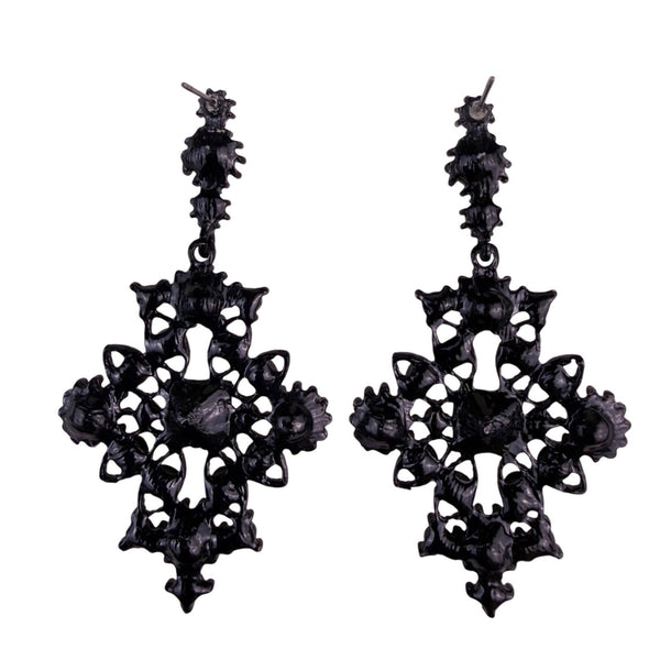 Black Filigree Womens Metal Drop Earrings Rhinestone Embellished Statement