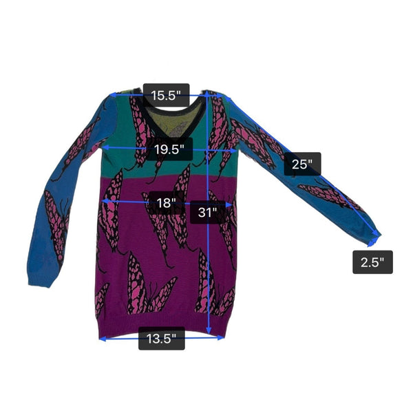 Betsey Johnson Womens Multicolor Butterfly Print V-Neck Sweater Dress Sz M
