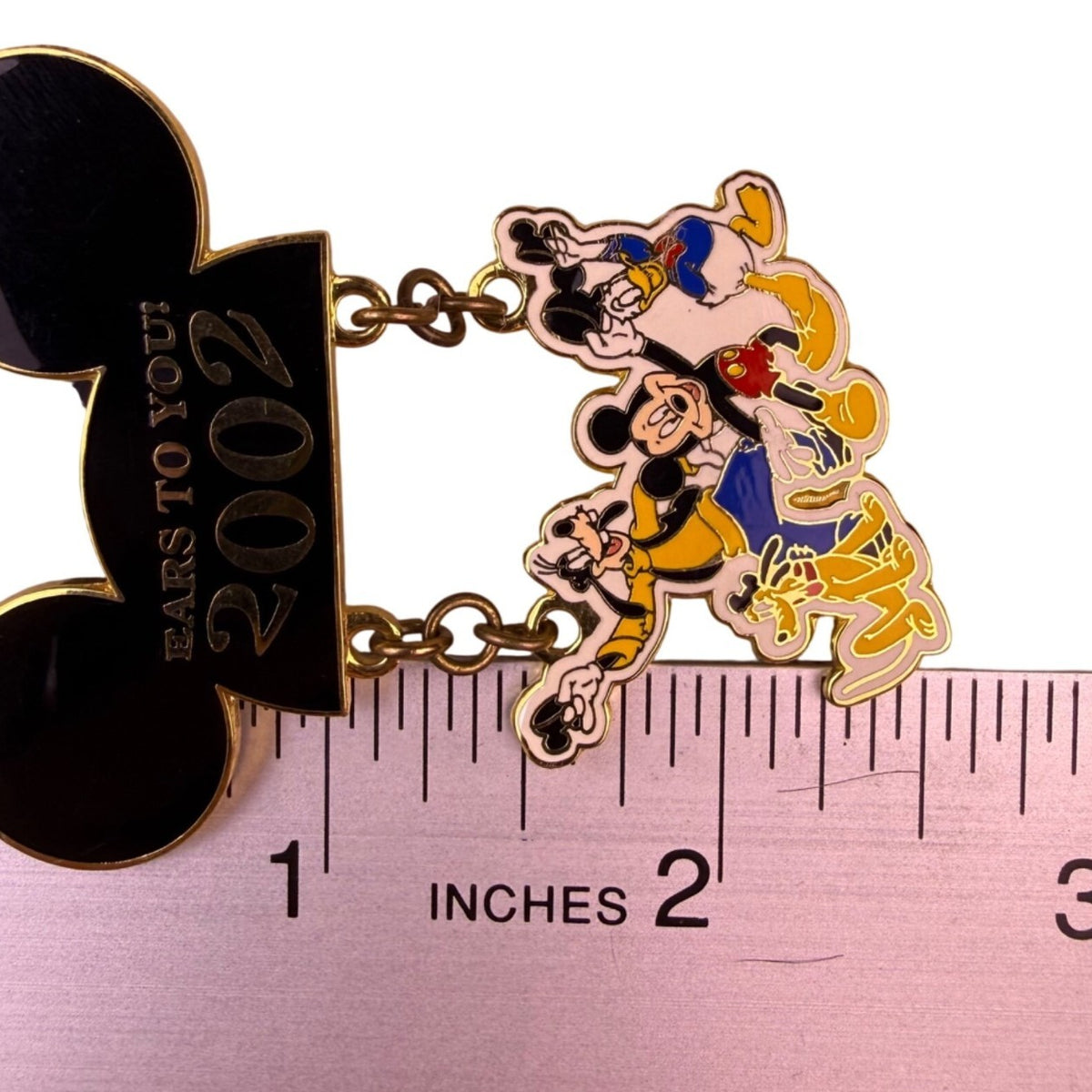 Disney Fab Four Black/Gold Tone Metal Enamel Dangle Pin "Ears To You 2002"