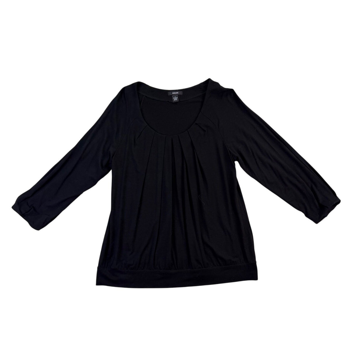 Alfani Women’s Black Pleated Scoop Neck Top Wit 3/4 Sleeves Size L