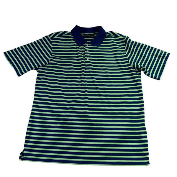 Walter Hagen Mens Navy Blue/Green Striped Polo Shirt Short Sleeve Sz L