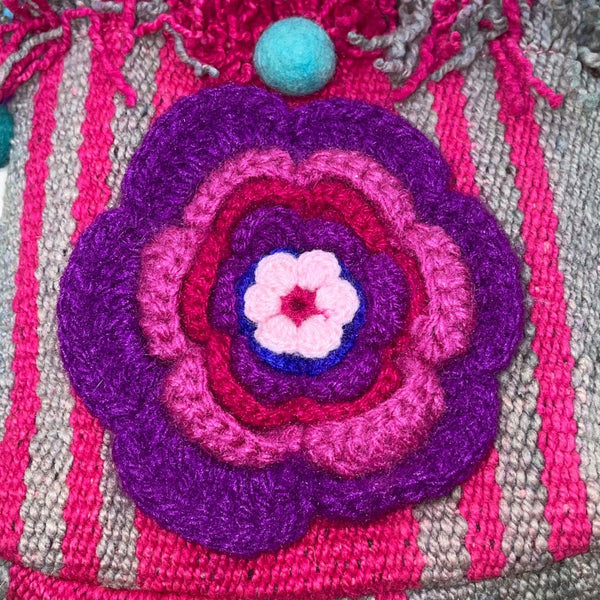 Handmade Women’s Pink & Brown Knitted Floral Design  Handbag With Beaded Handle
