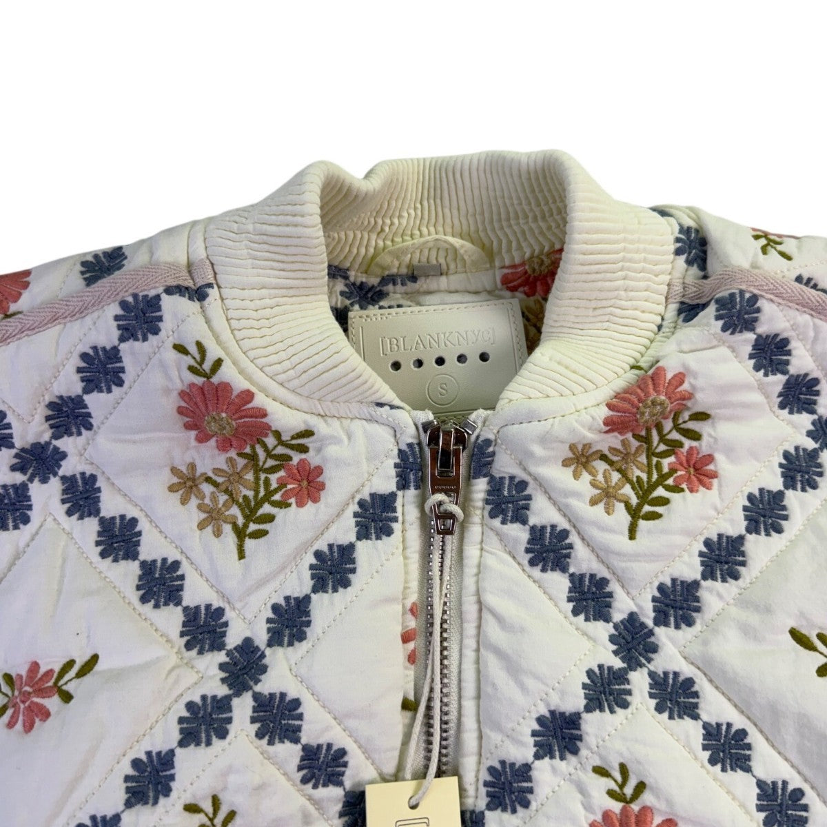 Blanknyc Womens White Quilted Floral Bomber Jacket 100% Cotton Embroidered Sz S