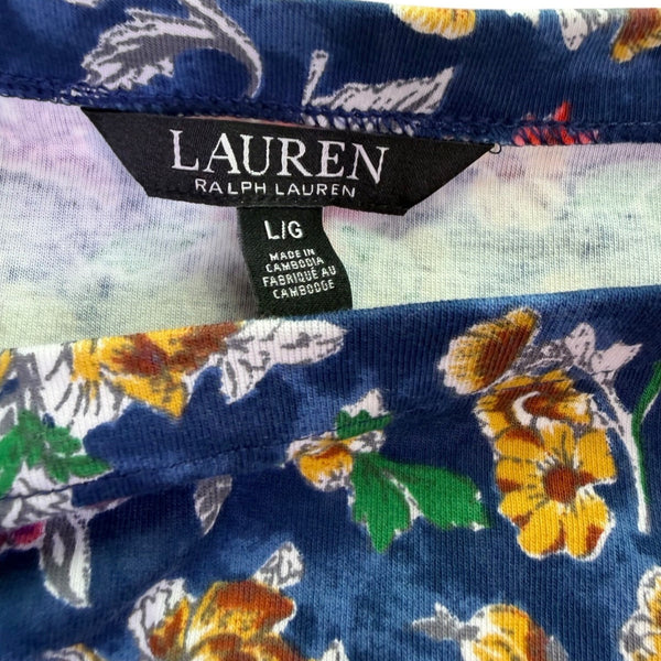 Lauren Ralph Lauren Womens Blue Floral Print Cotton Blend Top Size L