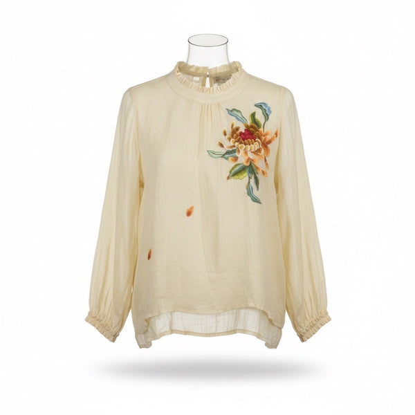 Hoa Đất Women Cotton Floral Embroidered Blouse Ruffle Collar Long Sleeves