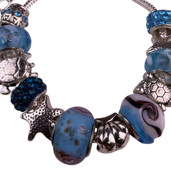 Cute Blue Sea Animals Charm Bracelet Silver Tone Beaded Adjustable