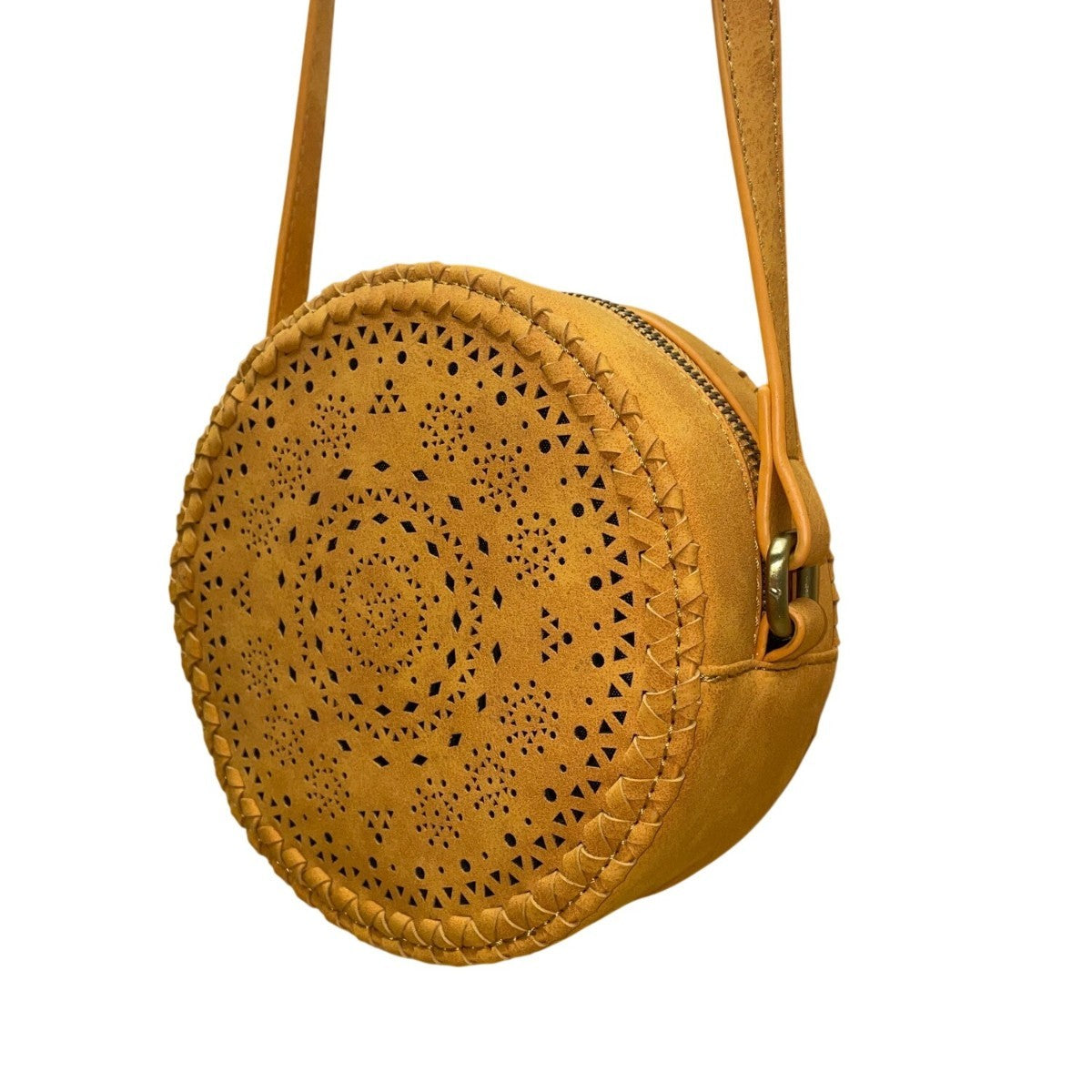 Women’s Mustard Vegan Leather Laser-Cut Adjustable Strap Round Crossbody Bag