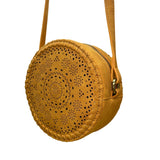 Women’s Mustard Vegan Leather Laser-Cut Adjustable Strap Round Crossbody Bag