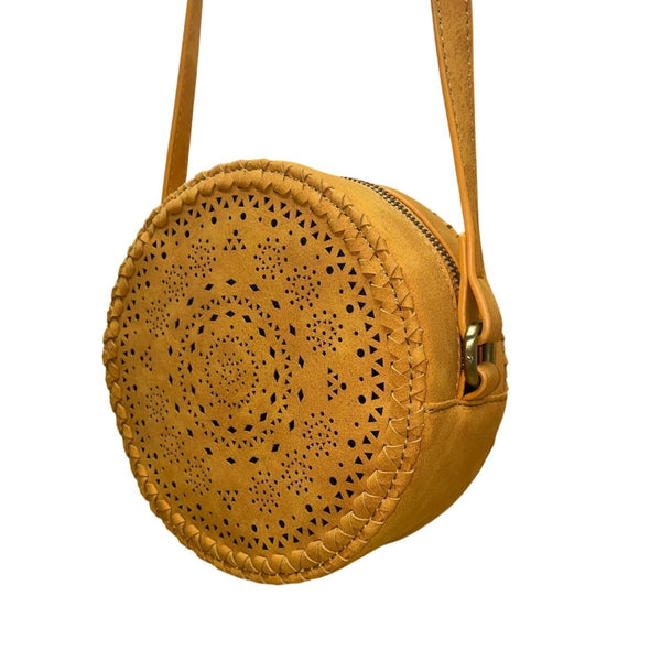 Women’s Mustard Vegan Leather Laser-Cut Adjustable Strap Round Crossbody Bag