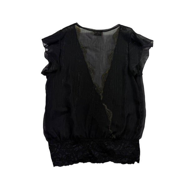 Luly K Womens Black Sheer Embroidered Blouse With Lace Trim Elegant Size OS 