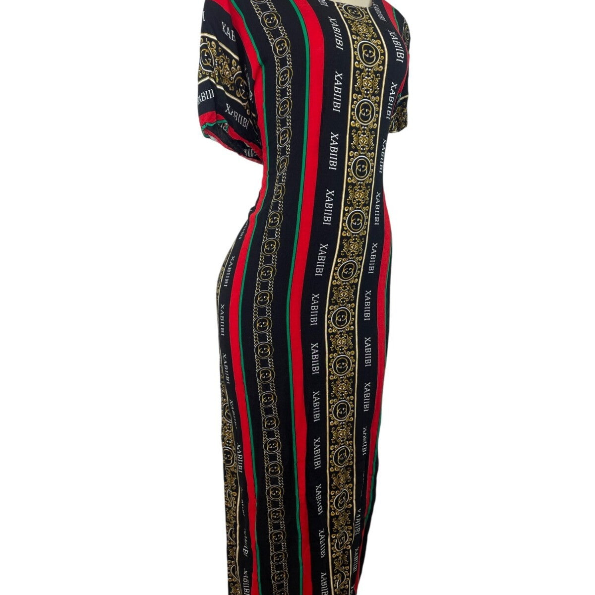 Elegant Heritage Print Maxi Dress With Short Sleeves & Bold Stripes