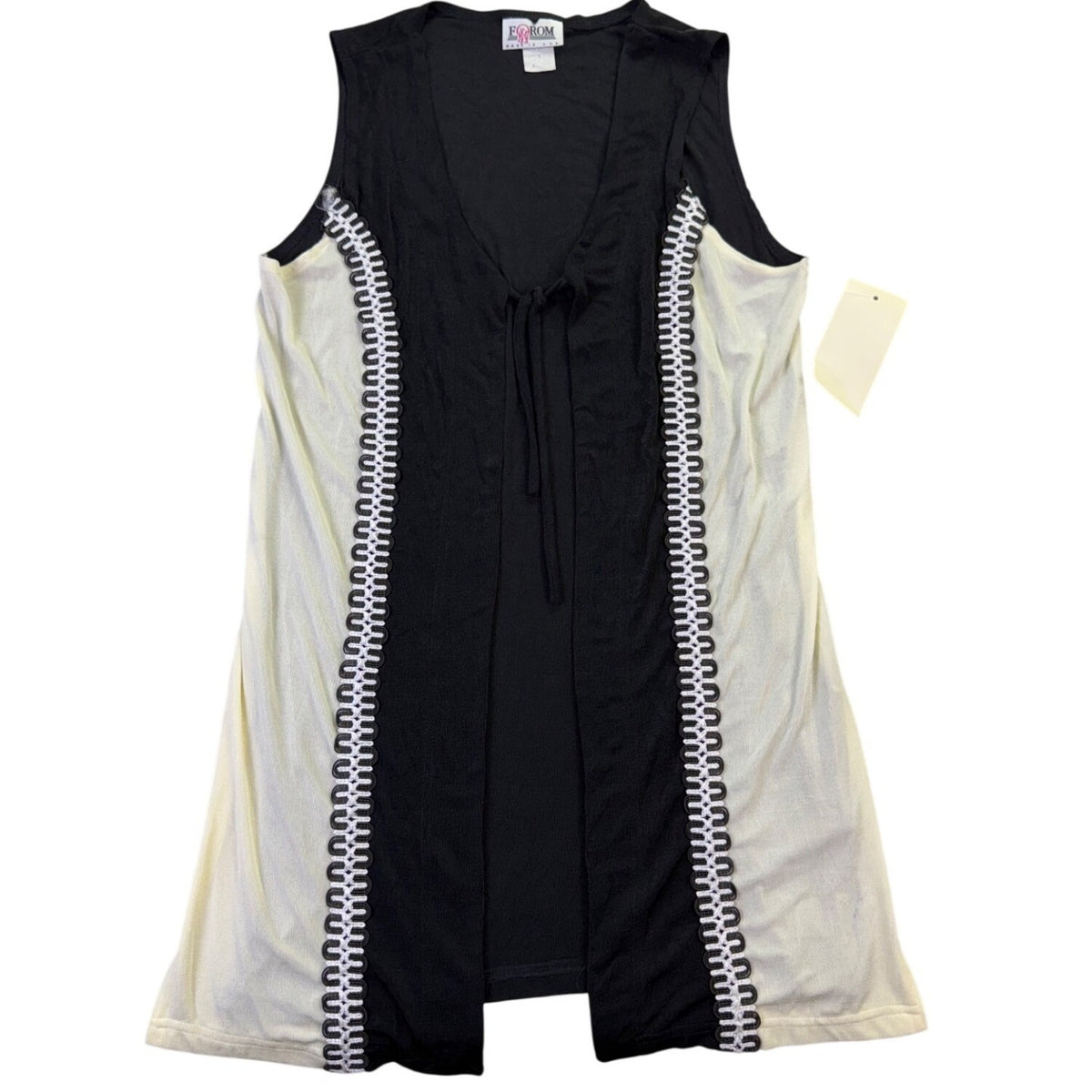 Forom Womens Black & Cream Sleeveless Open Front Cardigan Vest With Tie Detail