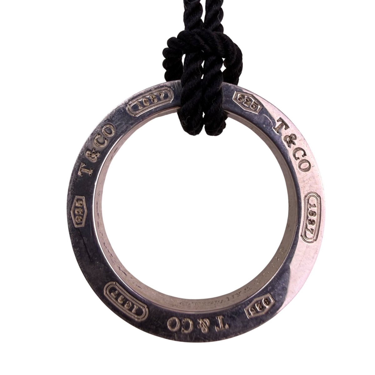 Tiffany & Co. Unisex Sterling Silver Round Pendant Black Cord Necklace