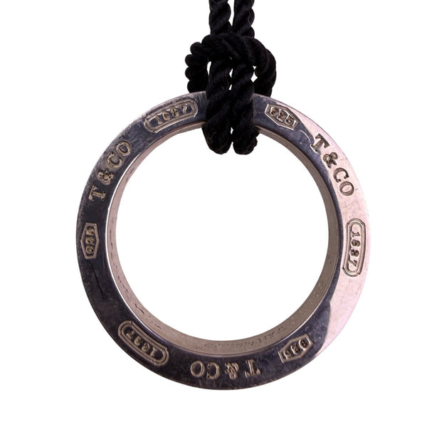 Tiffany & Co. Unisex Sterling Silver Round Pendant Black Cord Necklace