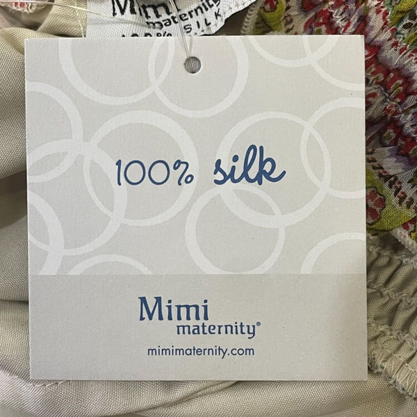 Mimi Maternity Floral Print Silk Dress M Multicolor Smocked Waist & Neckline New