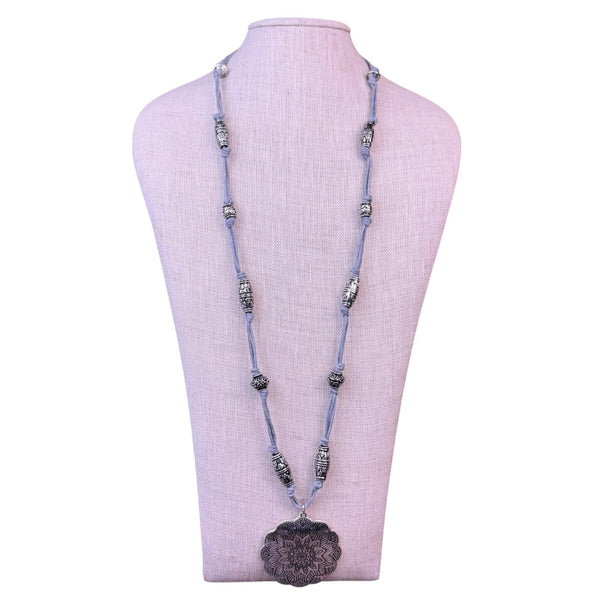 Silver Tone Womens Mandala Pendant Necklace With Knotted Cord & Beaded Detailing