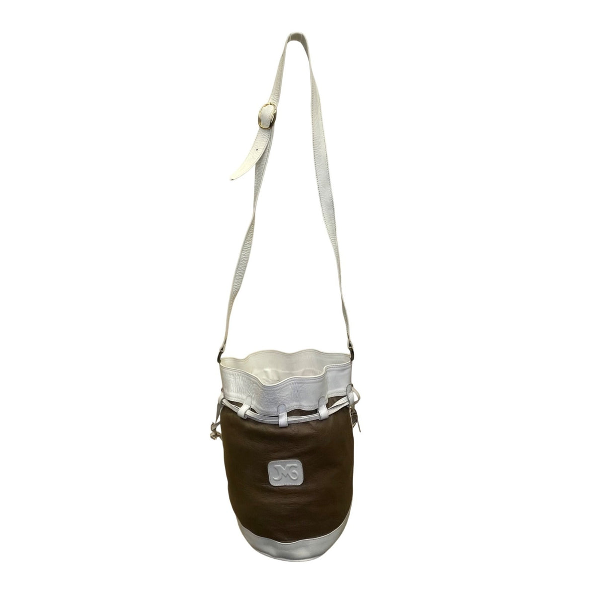 JMG Women’s Brown & White Leather Adjustable Strap Drawstring Closure Bucket Bag