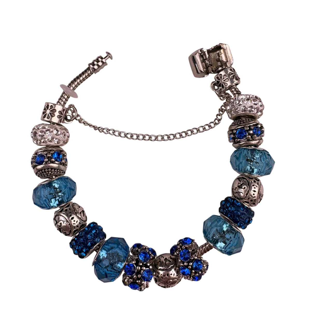 Sterling Silver Womens Blue Beaded Charm Bracelet  Glass & Crystal Elegant Desig