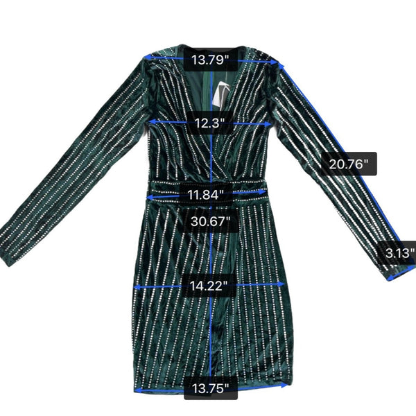 Kikiriki Womens Green Sequin Wrap Dress Long Sleeve V Neck Sparkle Sz M