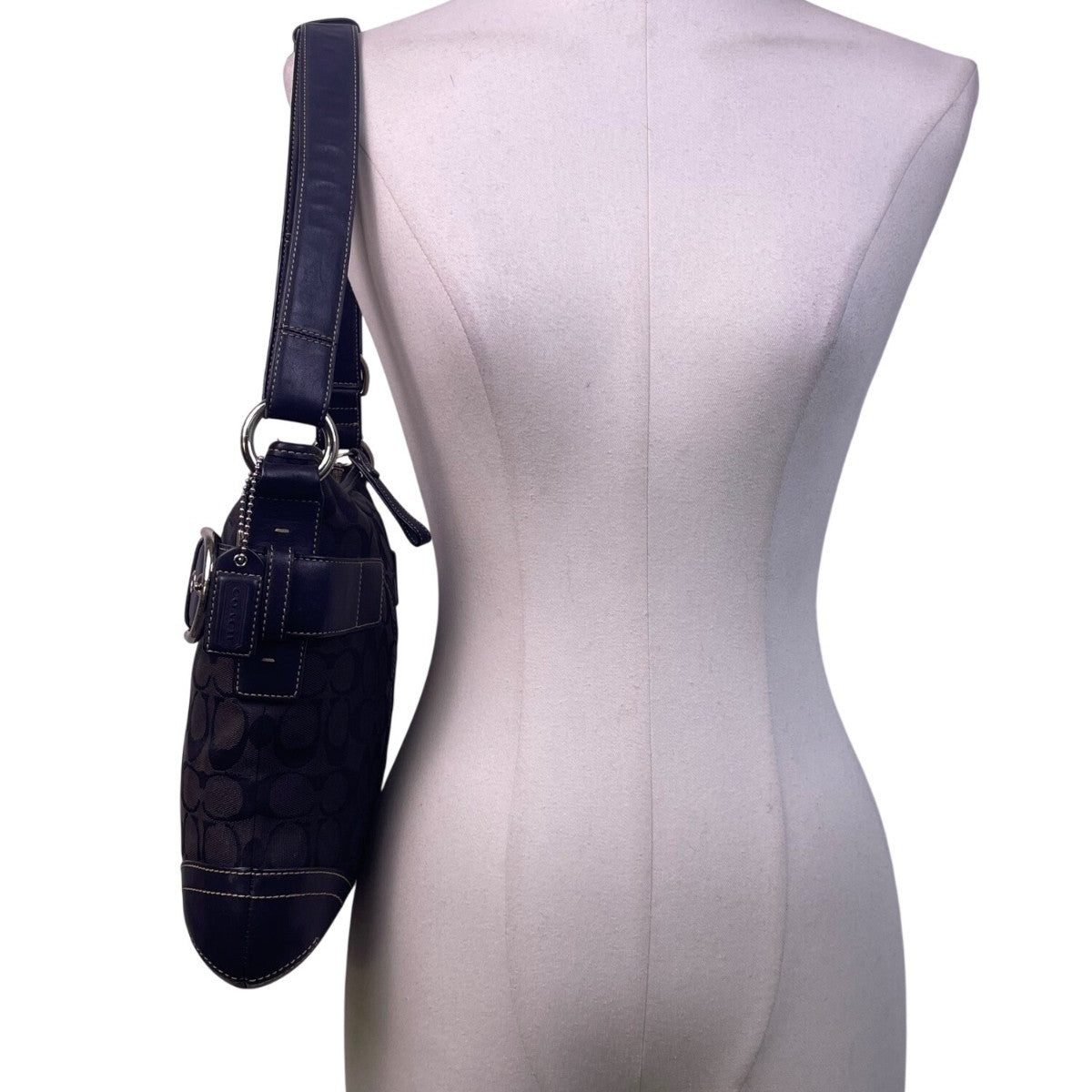 Coach Women’s Black Monogram & Leather Details Adjustable Strap Shoulder Bag