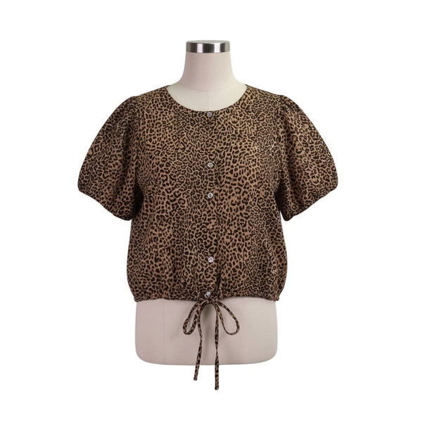 J.Crew Womens Brown Leopard Print Button Down Puff Sleeve Blouse Size L